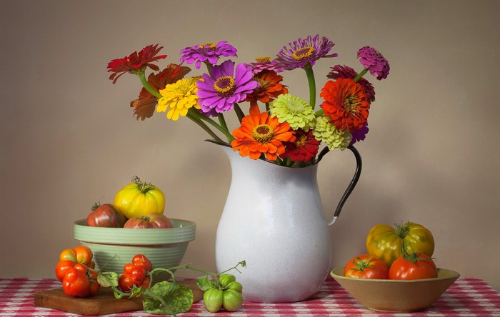 Still-life with Zinnias and Tomatoes in a Vase