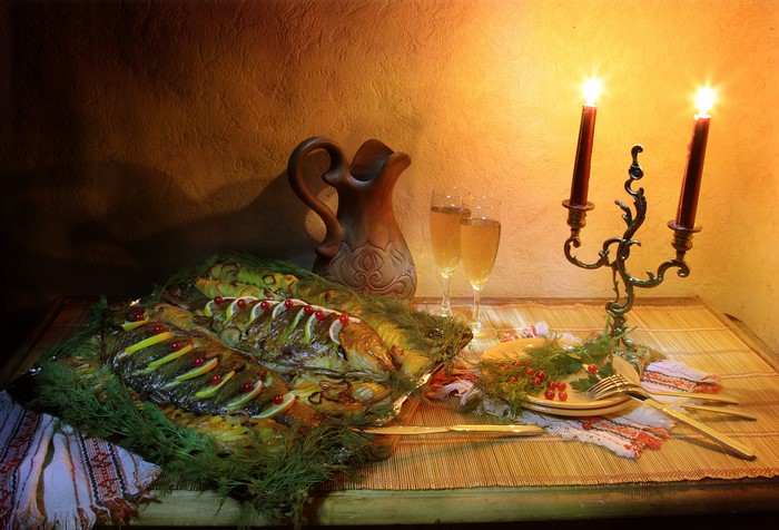 Roasted Fish with Dill, Lemon, and Berries, Candles, and Wine