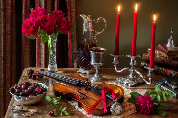 Still-life with Roses, Violin, Candles, and Wine