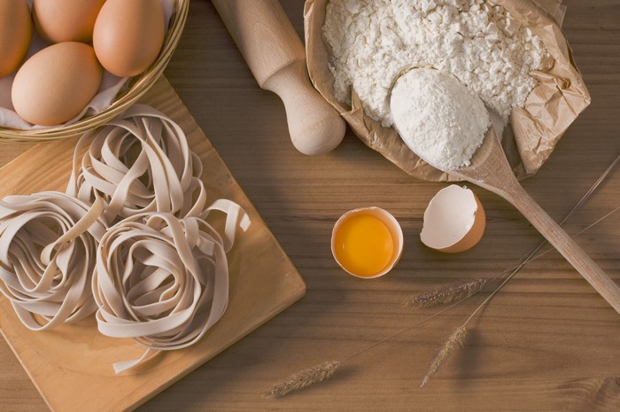 Fresh pasta ingredients with eggs and flour