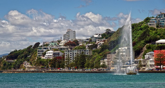 Wellington New Zealand Houses and Fountain