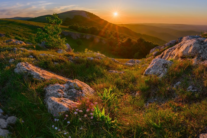 Crimea Autumn Sunrise Over Rocky Hill