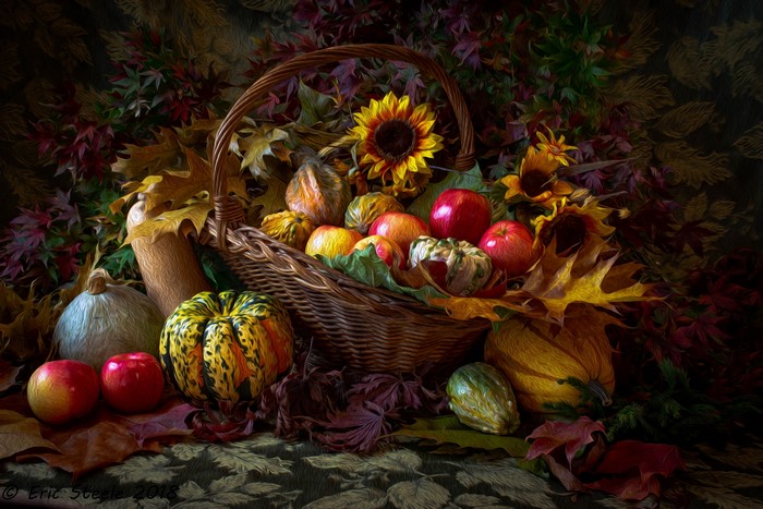 Autumn Basket with Pumpkins, Apples, and Sunflowers