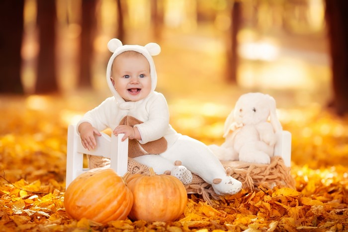 Baby in costume with pumpkins and teddy bear in autumn