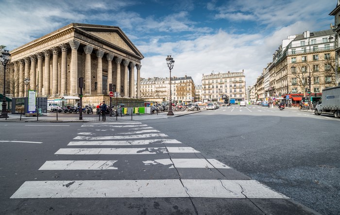 Street view of Madeleine Church in Paris, France
