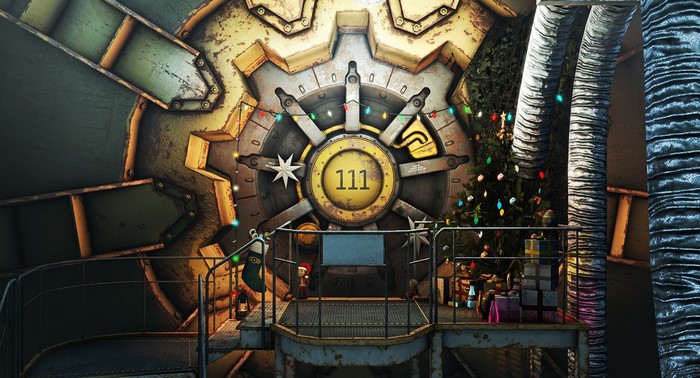 Vault 111 door with Christmas decorations