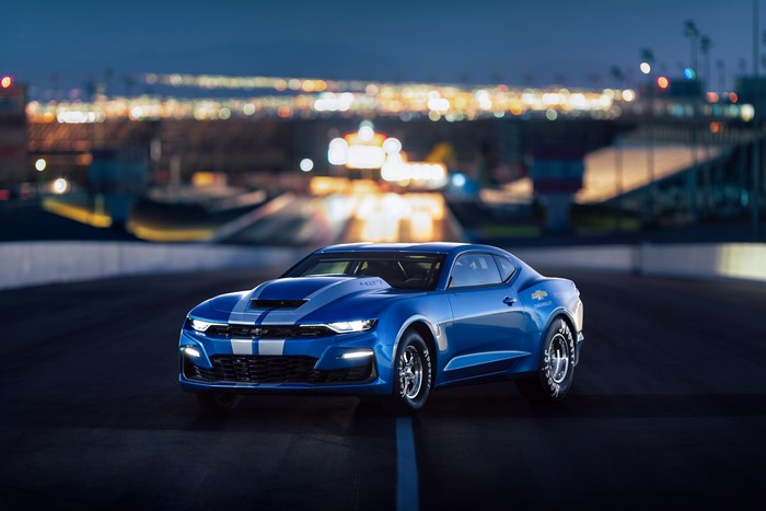 Blue Chevrolet Camaro Drag Car on Track