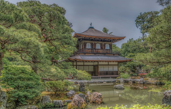 Ginkaku-ji Temple in Kyoto, Japan with Pond and Trees