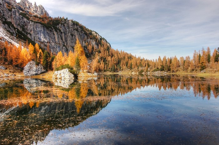 Autumn lake reflecting mountains and golden trees