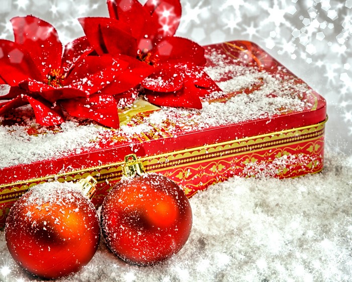 Christmas gift box with red poinsettia and ornaments in snow