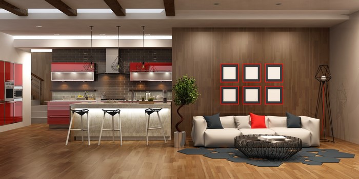 Modern open-plan living room and kitchen with red accents