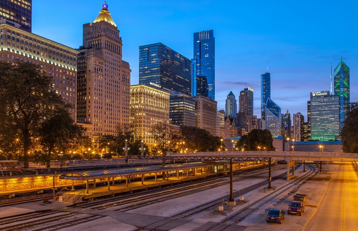 Chicago City Skyline with Train Tracks at Dusk