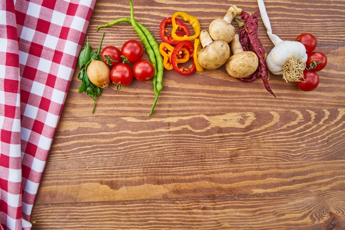 Vegetables and Mushrooms on Wooden Table