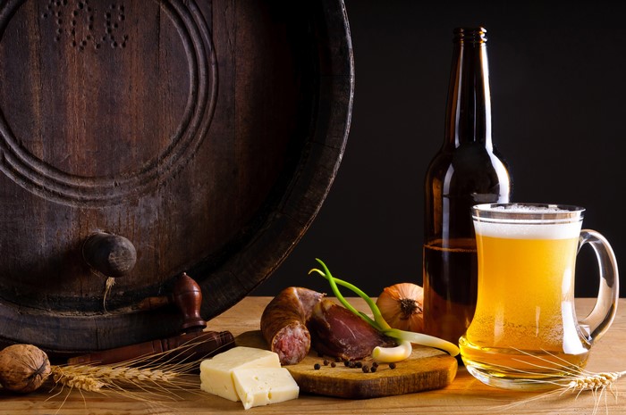 Beer, Sausage, Cheese, Nuts, and Barrel