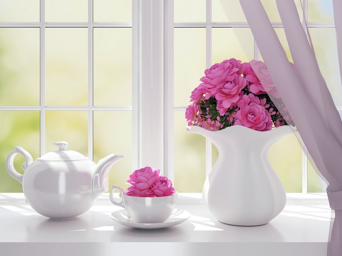 Pink Roses in Vase and Teapot by Window