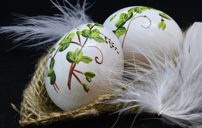 Easter eggs with ivy design and feathers