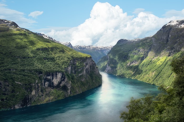 Fjord in Norway with Mountains and Waterfall