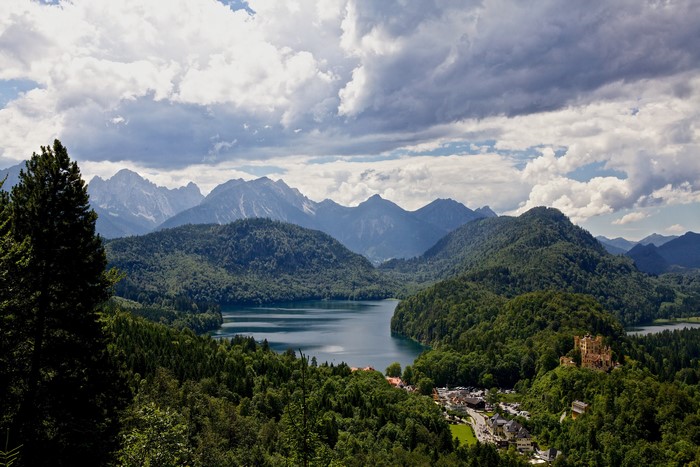 Germany Lake Mountains Forests Castle Alps Bavaria Clouds