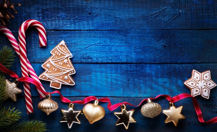 Christmas Sweets and Ornaments on Blue Wood