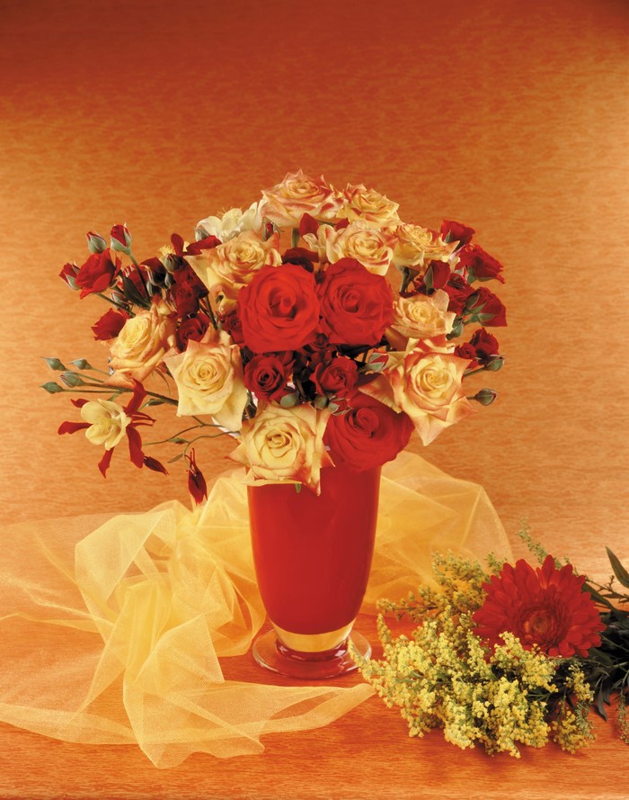 Bouquet of Roses and Gerbera in a Red Vase