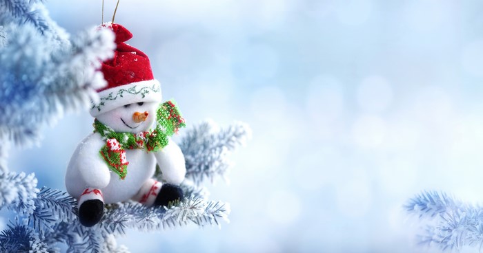 Christmas snowman ornament on a snowy tree branch