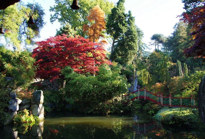 Biddulph Grange Garden, United Kingdom, Autumn Pond and Bridge