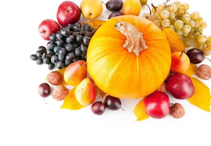 Pumpkin, Apples, Pears, Grapes, Plums, Nuts, and Leaves
