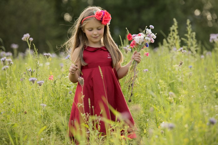 Little girl in red dress holding flowers