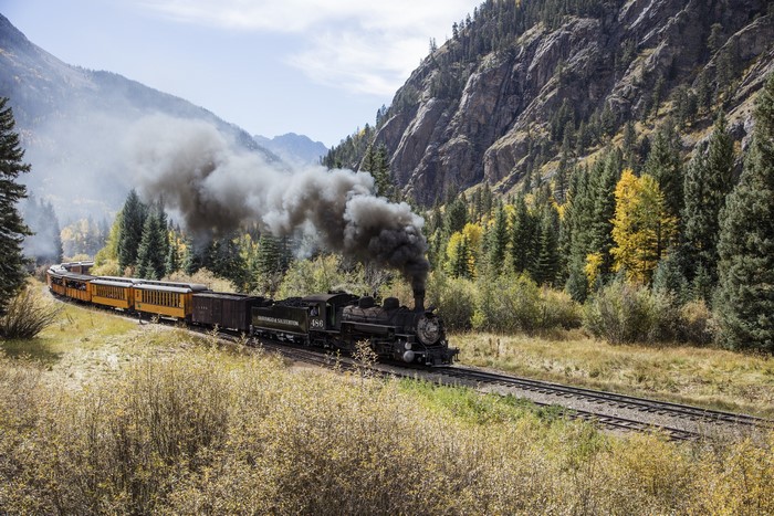 Steam Train Traveling Through a Mountain Forest