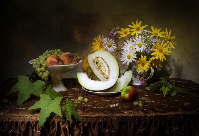 Still Life with Fruit and Wildflower Bouquet