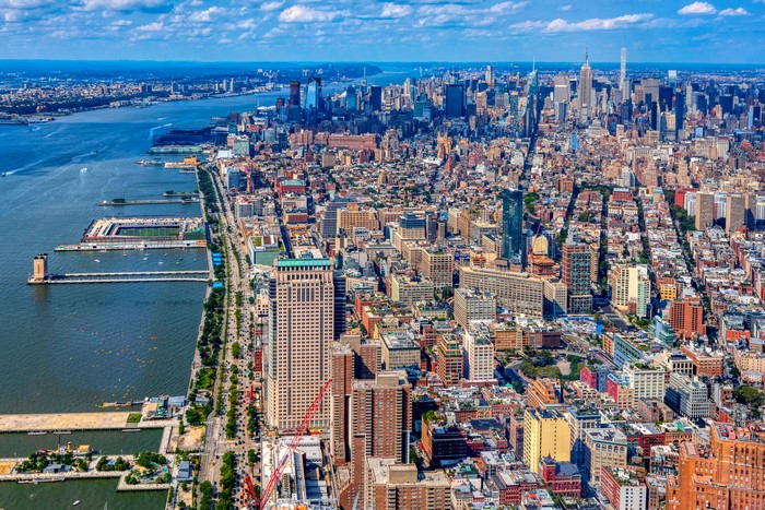 4K Aerial View of New York City Skyline and Marinas