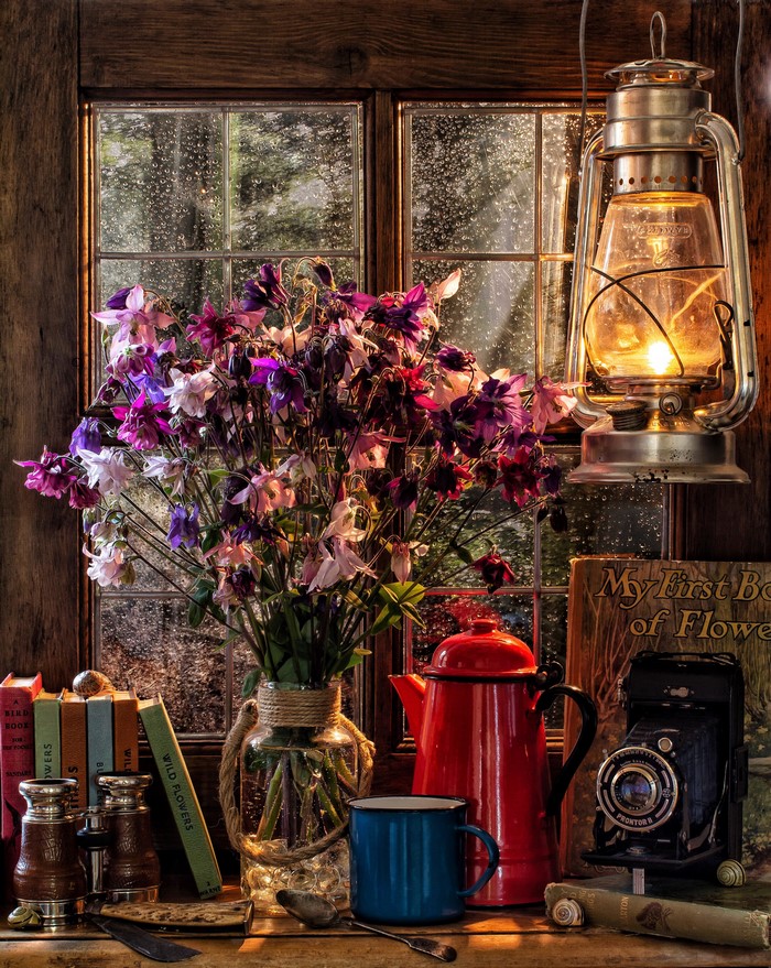 Still-life with flowers, lantern, and books