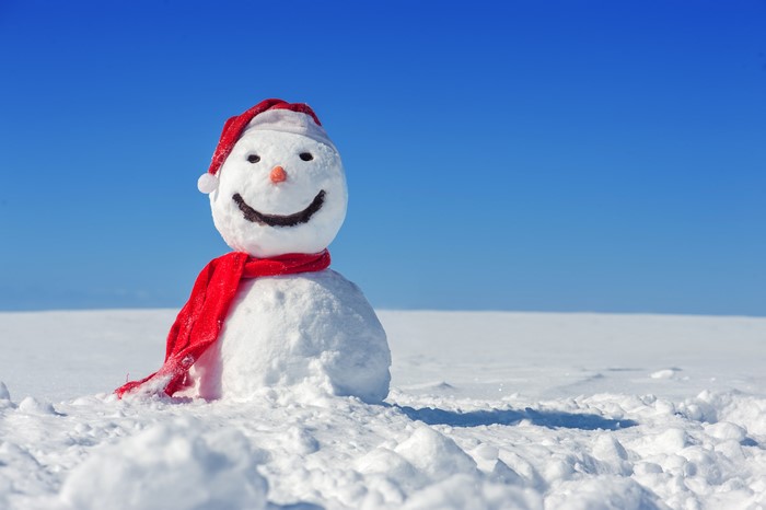 Snowman with Santa hat and scarf in snow