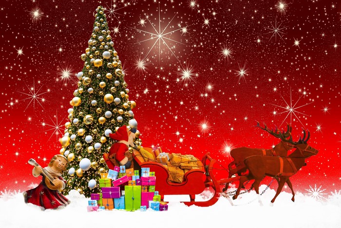Christmas scene with Santa, reindeer, gifts, and angel