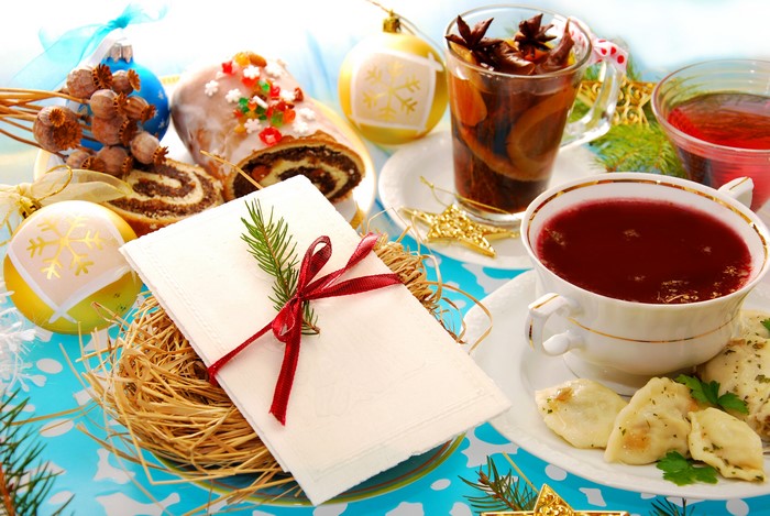 Christmas table setting with food and decorations