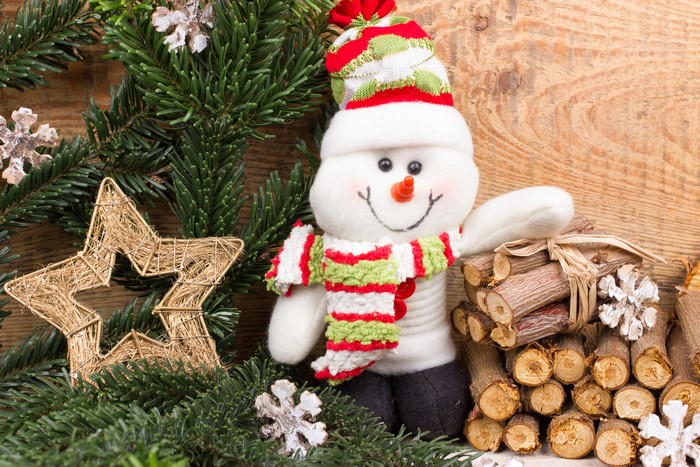 Christmas snowman with star and pine branches