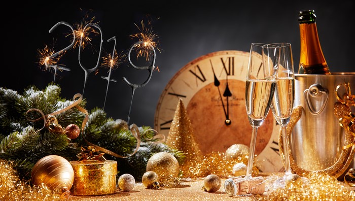 New Year's Eve 2019 celebration with champagne and clock