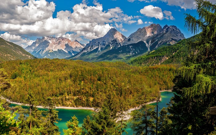 Mountains, Forests, and Lake with Clouds
