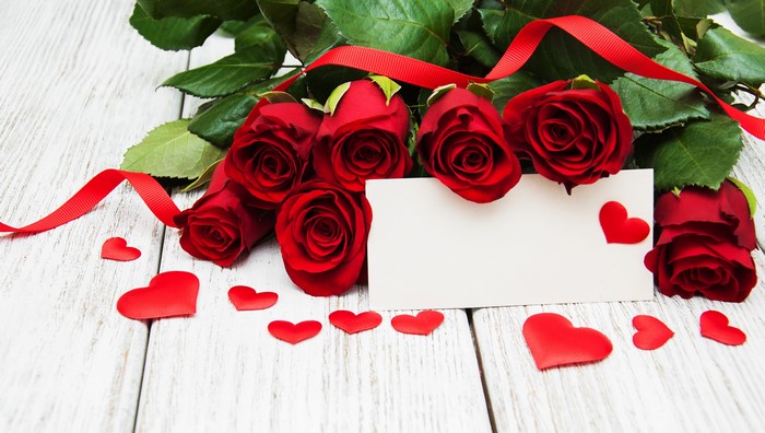 Red Roses with Greeting Card and Hearts