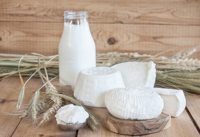Milk and various cheeses with wheat stalks