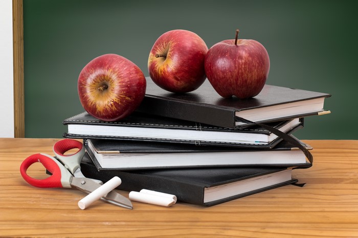 School supplies with apples on books
