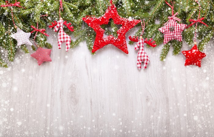Christmas fir branches with red star and deer ornaments