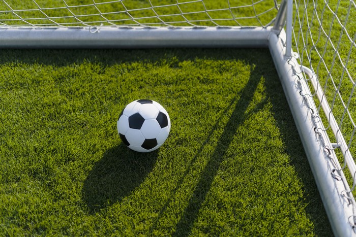 Soccer ball on grass near goal