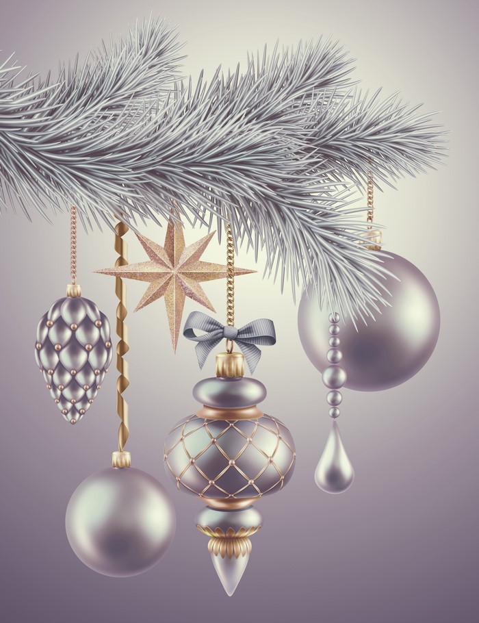 Silver Christmas Ornaments on Pine Branch