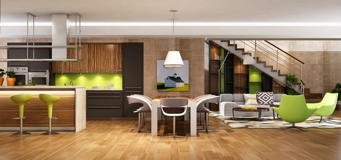 Modern open-plan living and dining area with kitchen