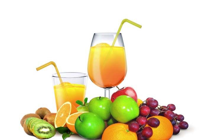 Fruit and juice with apples, grapes, kiwi, and oranges