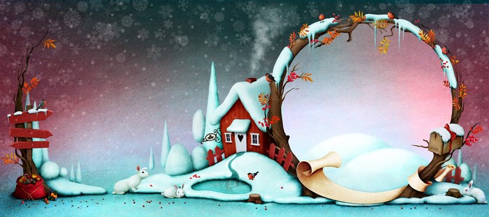 Winter Scene with House, Rabbits, and Snowflakes