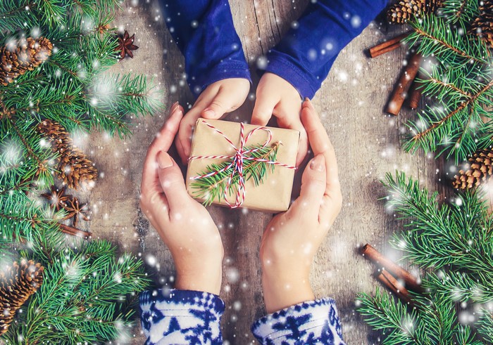 Hands holding a Christmas gift with pine cones and snow