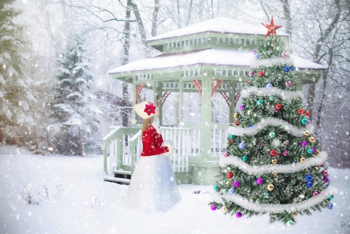 Christmas tree and gazebo in winter snow