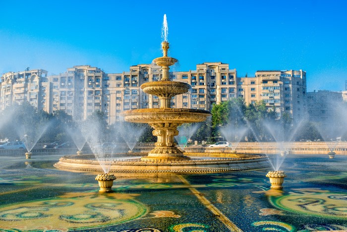 Fountain in front of apartment buildings